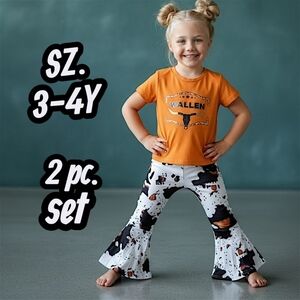 NWT SS Orange "Wallen" Tee & Cow Print Bell Bottoms 3-4T